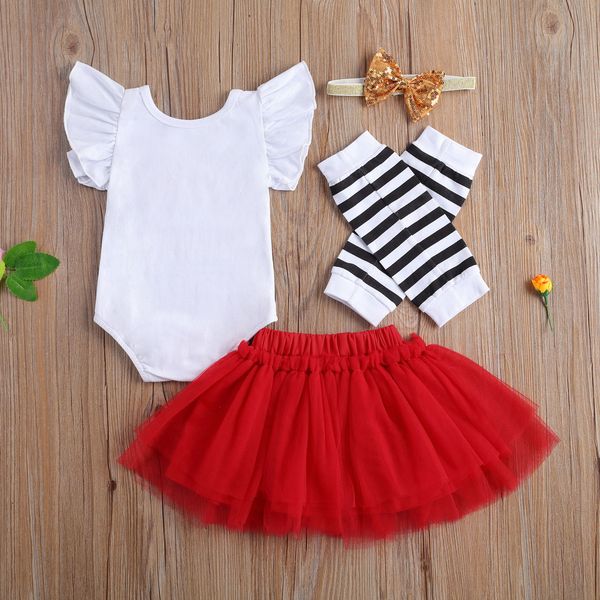 

baby girls clothing set letter print round neck romper skirt headwear leg sleeves four-piece suit for birthday party, White