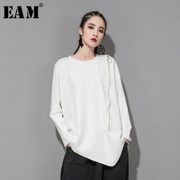 

[eam] 2021 new spring autumn round neck long sleeve black oblique zipper irregular hem big size t-shirt women fashion tide jq706 210315, White