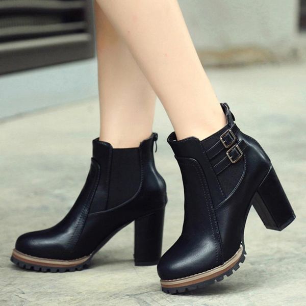 

boots women's ankle thick high heel wedges platforms short zipper 2021 fashion ladies single shoes botas mujer #40, Black