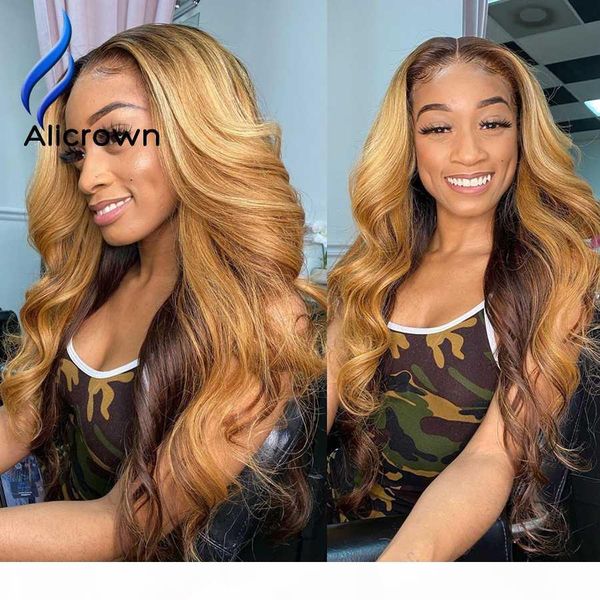 

alicrown highlight ombre t-part lace front human hair wigs 180% density brazilian non-remy hair lace wigs bleached knots, Black;brown
