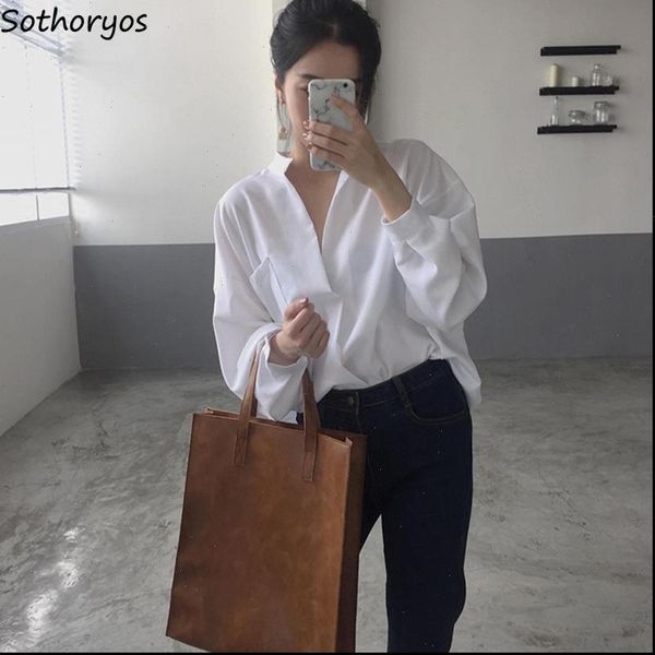 

shirts women long sleeve pockets solid v neck womens korean style simple loose elegant ladies all match leisure trendy shirt, White