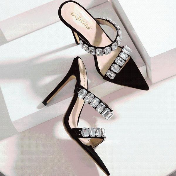 

new summer roman style diamond fashion women high heel sandals pointed toe pumps shoes black open toe slippers party slides
