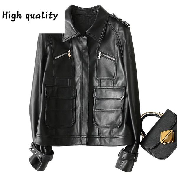 

genuine new 2021 jacket women motorcycle natural sheepskin coat female autumn short real leather jackets 72052, Black