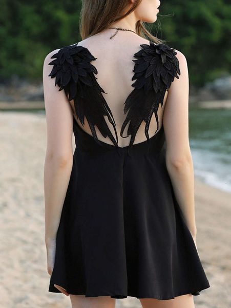 

open back cut out lace angel wing suspender dress, Gray