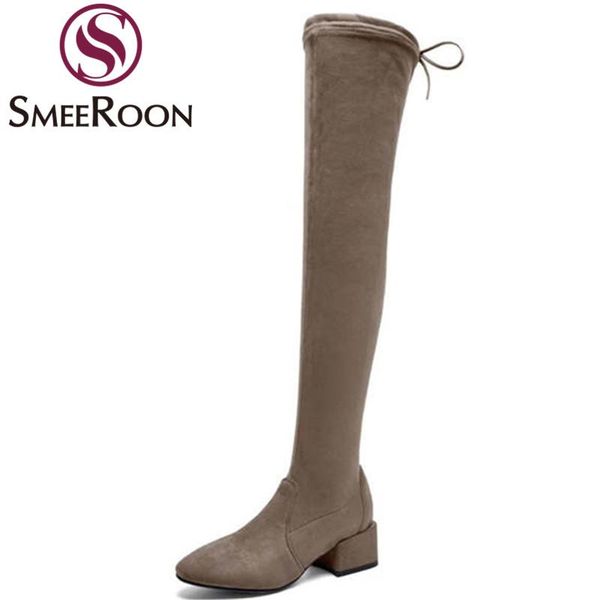 

boots smeeroon plus size 34-43 faux suede over the knee square heel autumn winter thigh women shoes, Black