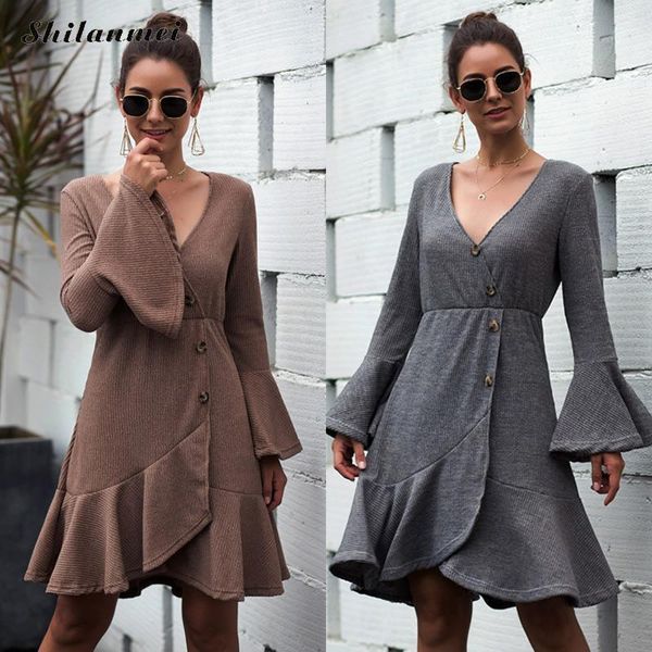

casual dresses 2021 autumn flare sleeve sweater dress women v neck ruffles fashion midi lady button a-line knitted vintage party, Black;gray