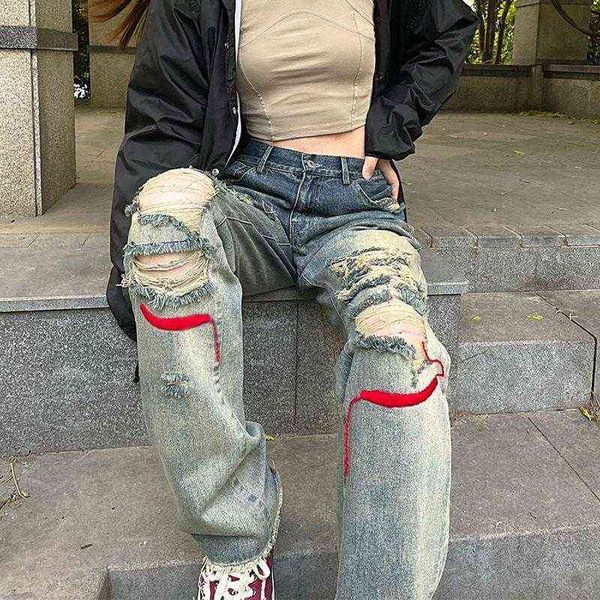 Смысл дизайна прямой и тонкой свободной высокой талии широкие брюки ноги девочка хип-хоп улица джинсы y2k разорванные женские 211229