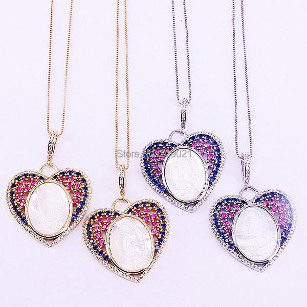 

pendant necklaces 5pcs cz micro pave heart shaped necklace, cubic zirconia oval shell mary pendant, fashion jewelry, Silver