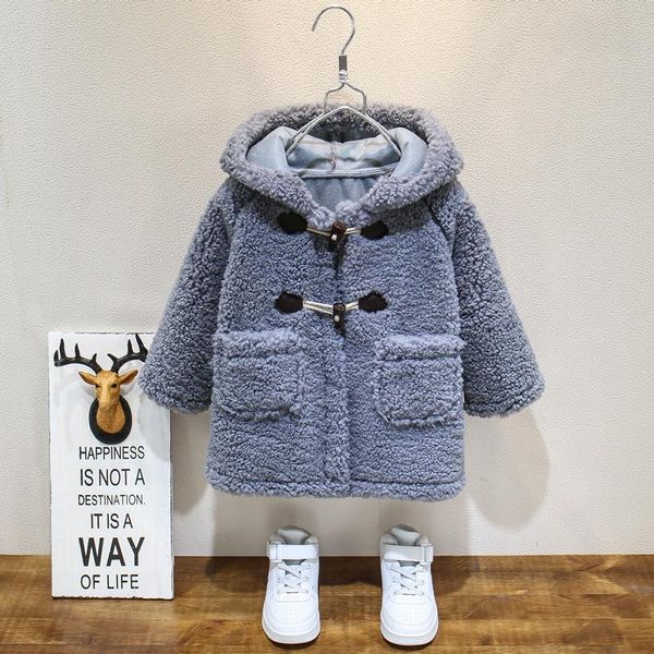 

coat boys' woolen overcoat winter children children's fur integrated velvet padded thickened, Blue;gray