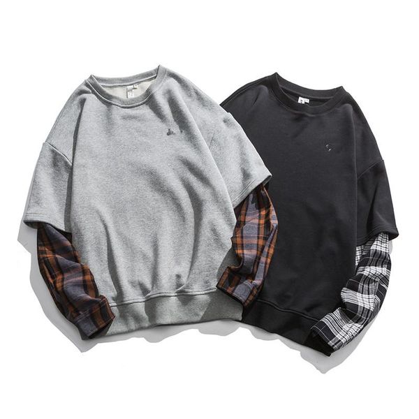 

autumn vacation two plaid men's sweater jacket fashion designer splicing round leader pullover men's printed letter street fashion, Black