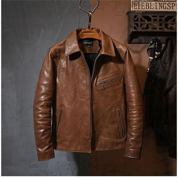 

men's leather & faux yr.vintage brown horsehide jacket.classic biker coat.mens slim clothing., Black