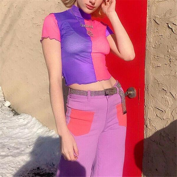 

summer women's casual see through sheer mesh crop short sleeve turtleneck slim spliced color party clubwear t-shirts, White