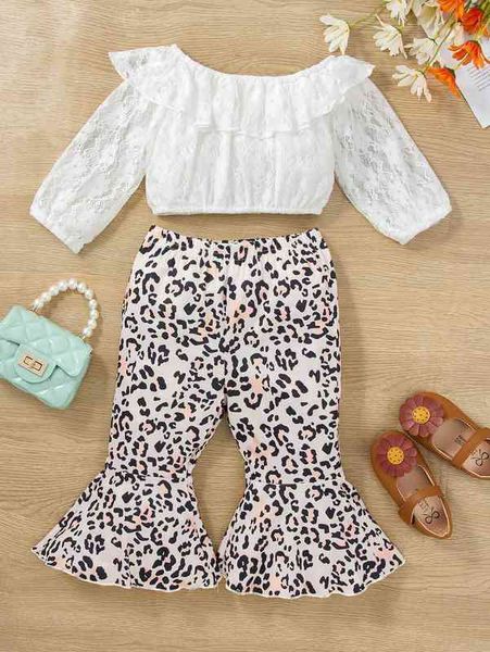 

baby ruffle trim lace & leopard print flare leg pants she, White