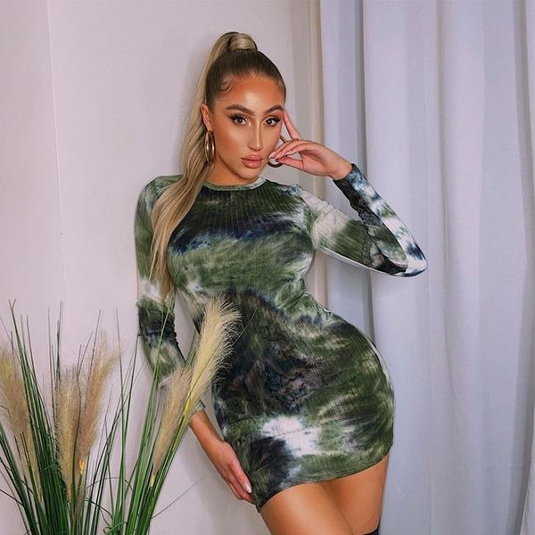 

casual dresses 2021 women's bodycon mini dress long sleeve crew neck tie dye print slim club ladies spring autumn dres, Black;gray