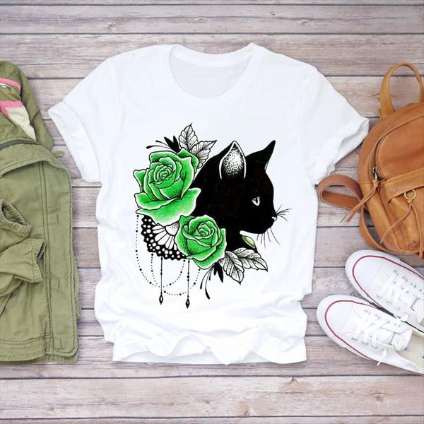 

cartoon floral cat clothing trend women fashion 90s print female tee, White