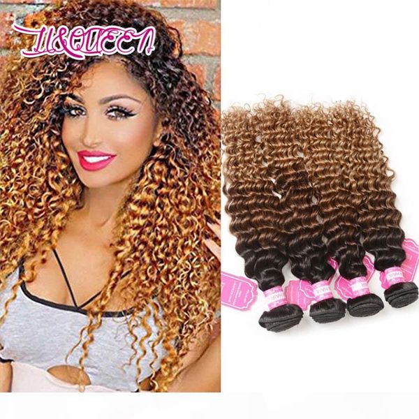 

malaysian virgin human hair extensions three tones 1b 4 27 ombre hair deep wave curly 4pieces lot deep curly li&queen, Black;brown