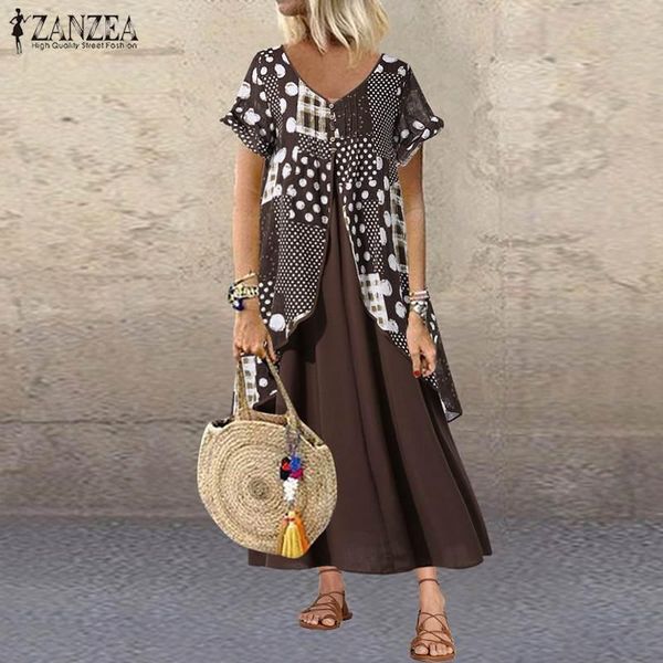 

party dresses casual long maxi sundress zanzea summer short sleeve vestido women vintage printed patchwork shirt dress female tunic robe, White;black