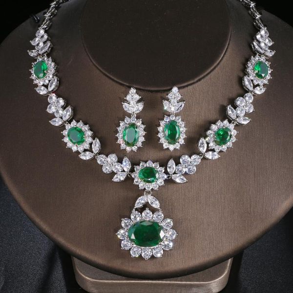 

earrings & necklace amc trendy green gem crystal wedding and earring set jewelry sets for women bridal gift wife/girfriend, Silver