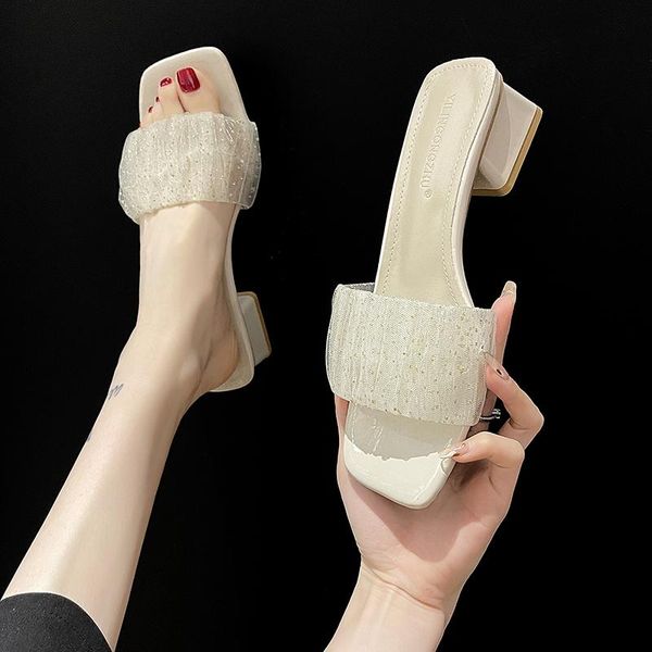 

slippers casual square heel female shoes slides med luxury block 2021 summer soft rome sweet pu hoof heels, Black