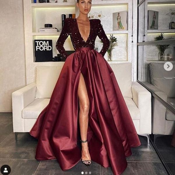 

casual dresses burgundy evening gown long sleeve abiye saudi arabic gowns sequins 2021 abendkleider vestidos prom high slit, Black;gray