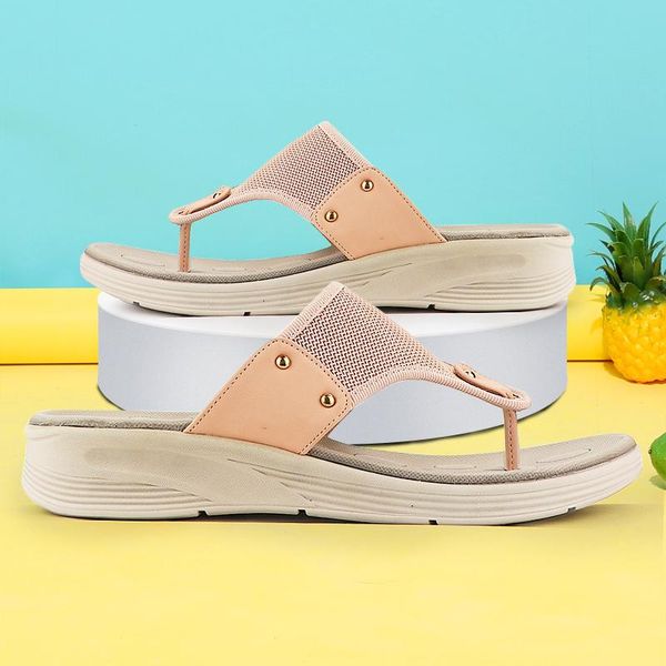 

sandals women summer breathable mesh light flip-flops beach shoes for ladies fashion rivet platform comfy, Black