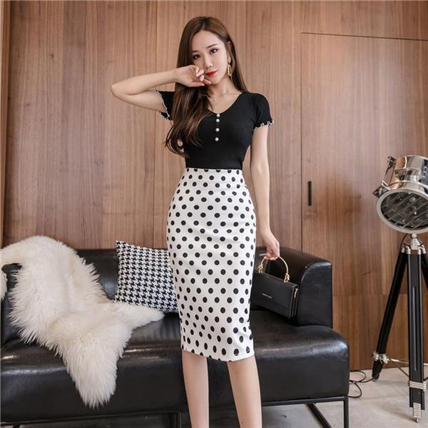 

spring summer formal office pencil womens skirt dot high waist slim bodycon vintage skirts korean style female falda, Black