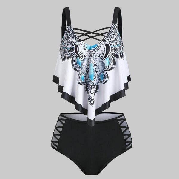 

bikini 2021 push up two piece swimsuit women boh print push-up padded overlay flounce crisscross tankini swimwear
