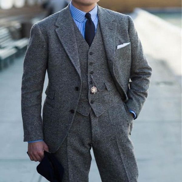 

men's suits & blazers wool casual men for winter 3 piece custom gray tweed wedding groom tuxedo with notched lapel male fashion clothes, White;black
