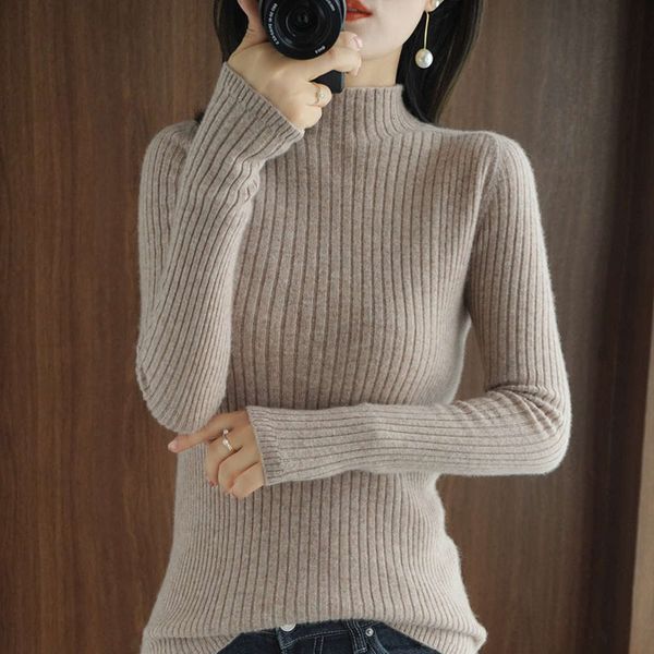 

20212020 new semi turtleneck women's knitwear elastic slim cashmere backing solid color pit wool sweater women woman, White