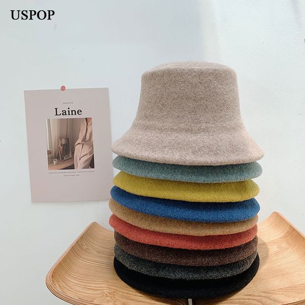 

2021 new winter 100% wool women solid color thick warm bucket hats 0omo, Blue;gray