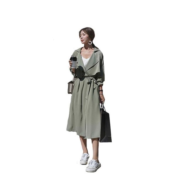 

women's trench coats notched collar mid-length casual jacket retro windbreaker solid color lace-up fashion, Tan;black