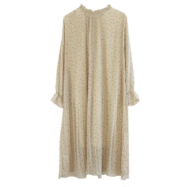 

casual dresses women chiffon dot dress long sleeve female pleated print 2021 summer lantern mid-calf, Black;gray