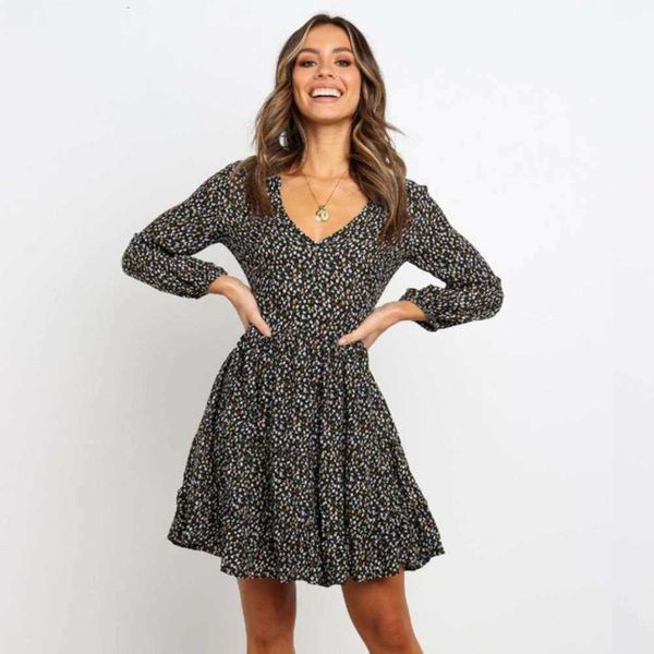 

long dresses fall casual sleeve v-neck floral drs, Black;gray