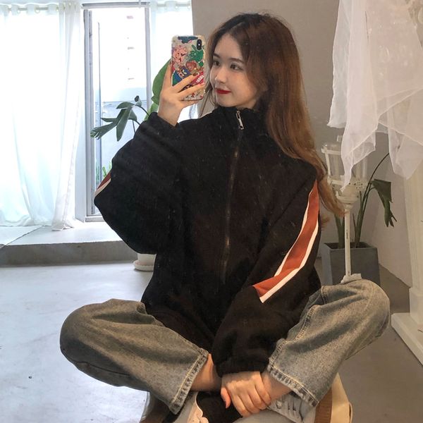 

2021 women's autumn new coat half high collar color matching loose casual all-match sports shirt women k022, Black