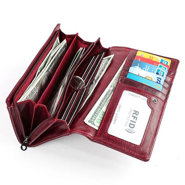 

new product long rfid genuine leather women wallet casual retro first layer cowhide women's clutch bag purse, Red;black