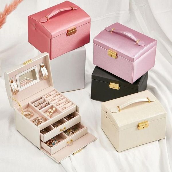 

jewelry pouches, bags organizer large box high capacity casket makeup storage leather beauty travel, Pink;blue