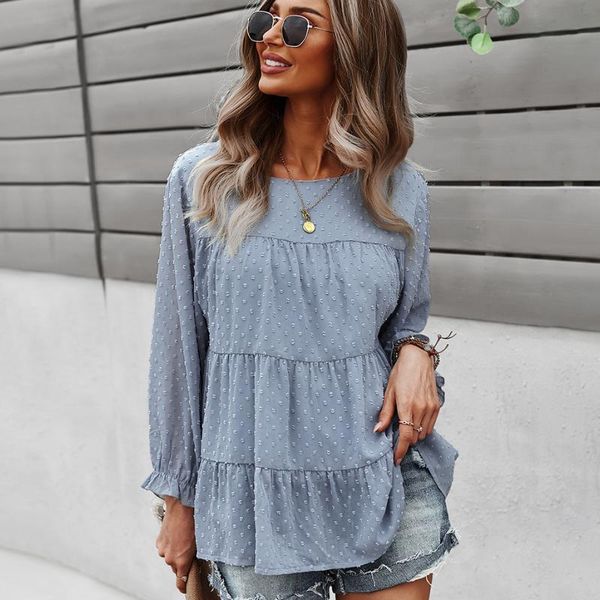 

women's blouses & shirts 2021 plus size long sleeve white blue cotton shirt women summer autumn fall solid o-neck loose blouse female f