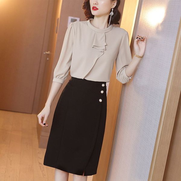 

2021 new summer women chiffon wide match blouse + bodycon skirt 2 piece defines female office lady work clothes h17 bfgl, Black;gray