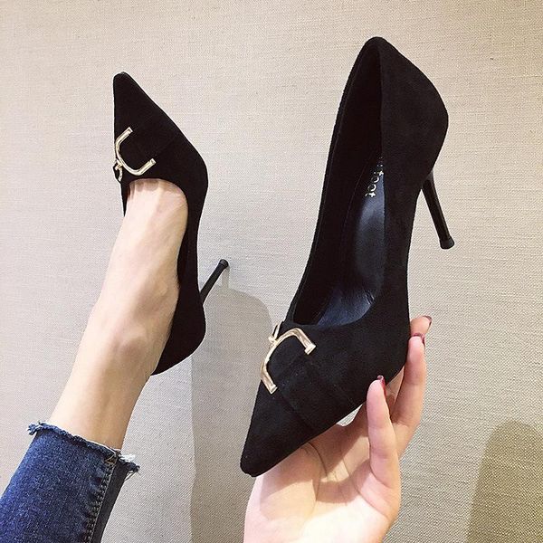 

dress shoes pumps 6cm / 9cm women's 2021 spring korean style simple thin buckle black suede stiletto high heels
