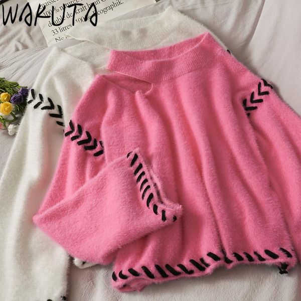 

women's sweaters wakuta cold shoulder hollow out knit pullover jumper autumn 2021 sweet loose o neck long sleeve chic oversized sweater, White;black