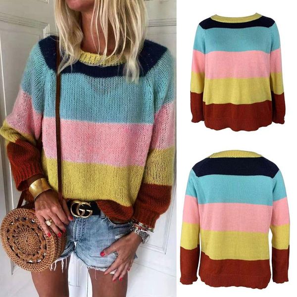 

women's sweaters goocheer autumn colorful base sweater fashion casual slim fit long sleeve stripe o-neck knitted rainbow, White;black