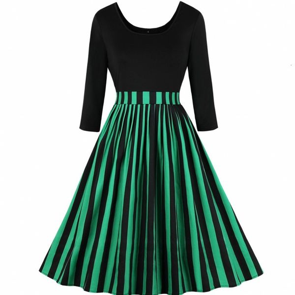 

casual green stripes female fall elegant new winter party dress full sleeve thin line ce4a, Black;gray