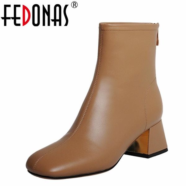

boots fedonas basic fashion concise women ankle genuine leather back zipper thick heels office ladies casual shoes woman autumn, Black
