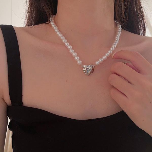 

pendant necklaces creativity rhinestone heart women's necklace temperament fresh water pearl inlaid zircon jewelry birthday gift, Silver