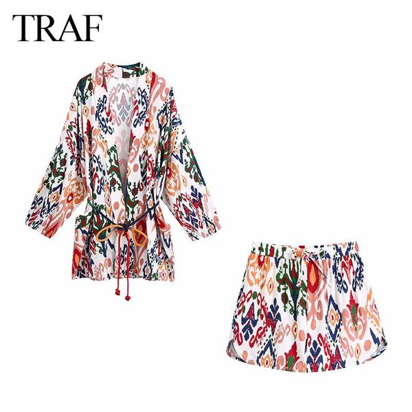

women's tracksuits clothing 2022 shorts sets fashion kimono print 2 piece women blouse+high waist casual set woman suit, Gray