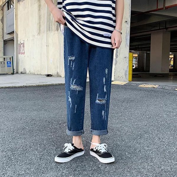 

men's jeans selling fashion brand hole summer korean youth versatile straight loose casual pants, Blue