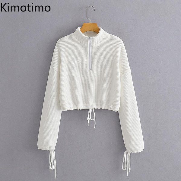 

women's hoodies & sweatshirts kimotimo women long sleeve drawstring zipper white high street pullover coat casual crop female, Black