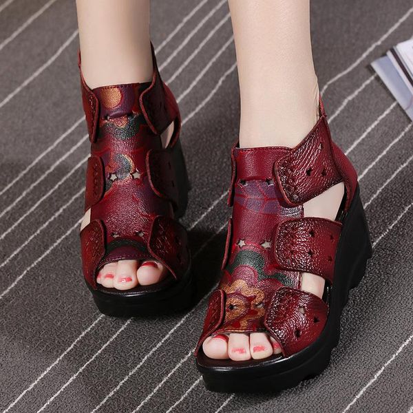 

sandals beauty national style leather fish mouth women's cool boots slope heel thick bottom hollow out hole loose, Black