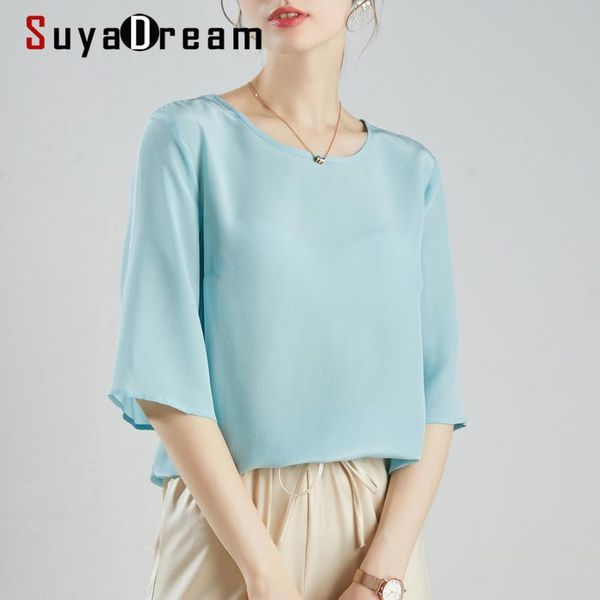 

women's blouses & shirts suyadream women 100% real silk crepe o neck 3/4 sleeved solid office lady blouse shirt 2021 spring summer, White