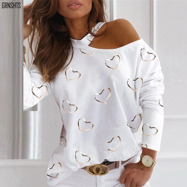 Mulheres Primavera Print Coração Cópia Camiseta Elegante Off do Ombro O Gargantilha Posquia Pullover Manga Longa Top Halter T-shirt Streetwear 210302